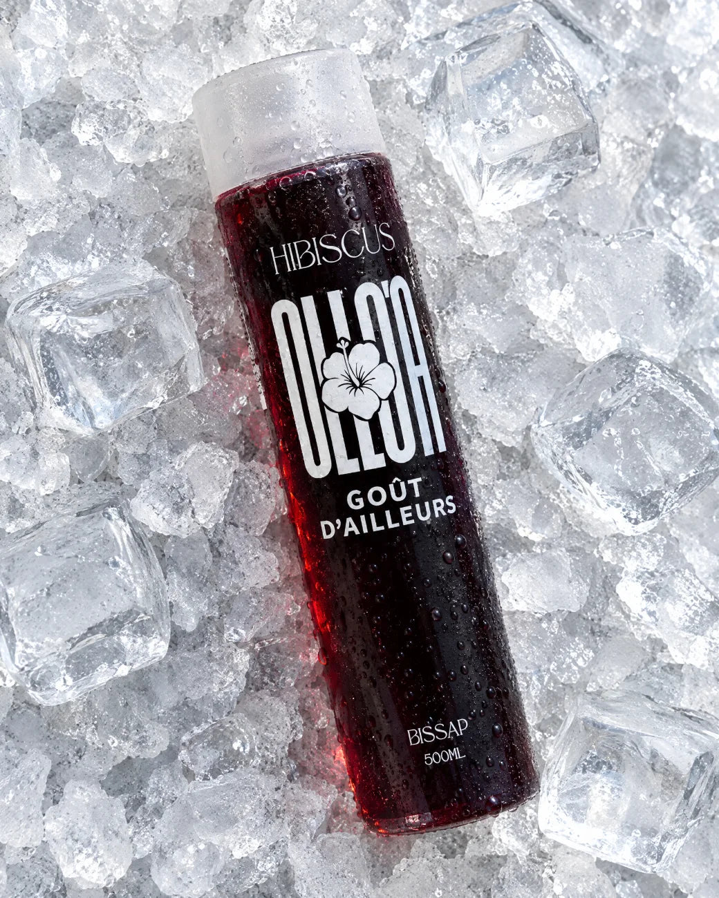 Bouteille de bissap Olloa couchée sur de la glace
